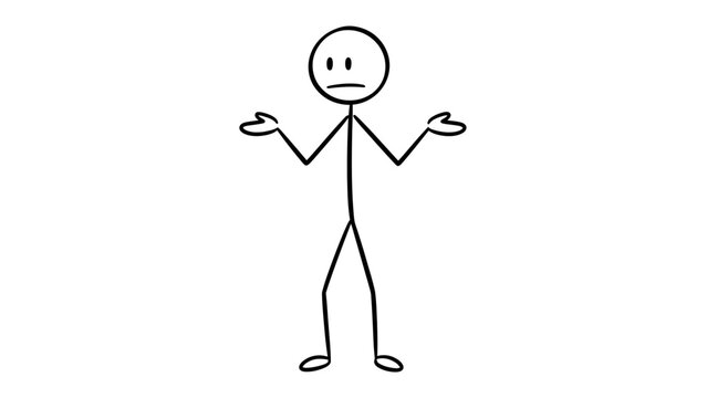 Confused Stick Figure Person Shrugging Shoulders and Spreading Arms in Bright Studio