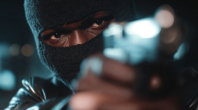 A young black man wearing a ski mask, holding a gun to the camera, tilting it to the side looking angry