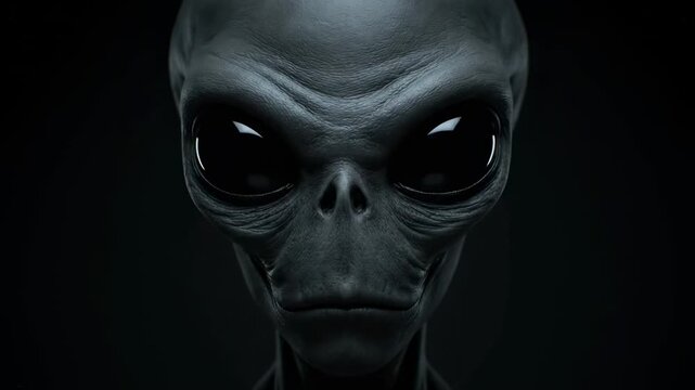 A close-up portrait of an alien with large black eyes in a dark environment