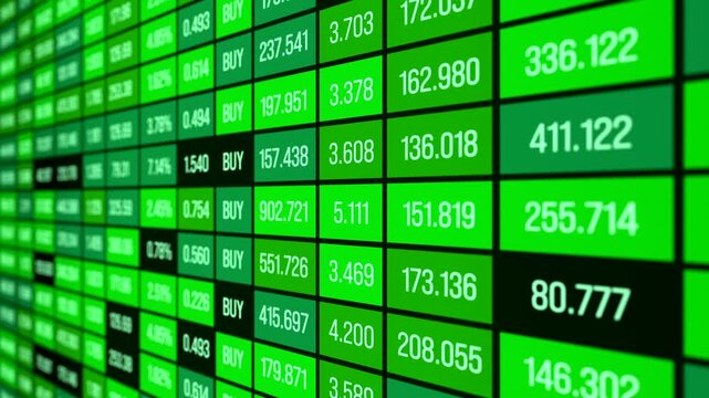 Close up green spreadsheet with financial figures, revenue, sales data, buy, rates. Information, financial report, percentages, business data, strategy and planning. 3D animation