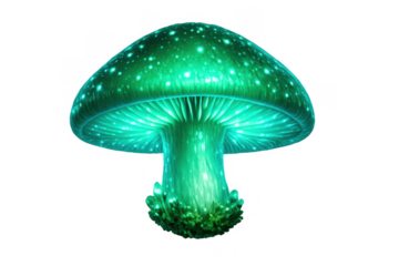 Green glowing mushroom creating magical light, fantasy fungus illustrating bioluminescence in mystical nature, transparent background