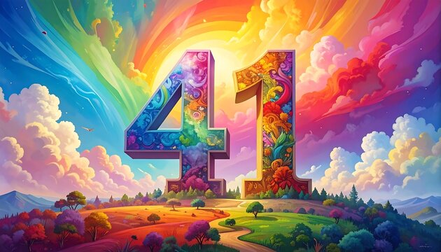Vibrant artwork showcasing the number 41 against a backdrop of colorful clouds and a rainbow. Lush landscape below