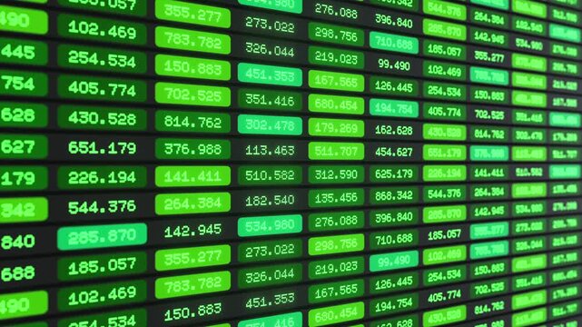Financial or scientific data, green table, information, market data, prices, parameters. Business data, financial planning or scientific evaluation, experimental results. 3D animation