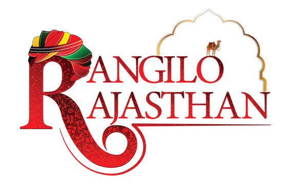 Rangilo Rajasthan Typography Logo with Rajasthani Turban and Camel Icon, Indian Cultural Folk Art Design Vector Illustration