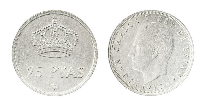 Vintage Spanish 25 pesetas coin from 1975 showing King Juan Carlos I portrait on one side and a royal crown with denomination on the other, isolated on white background.
