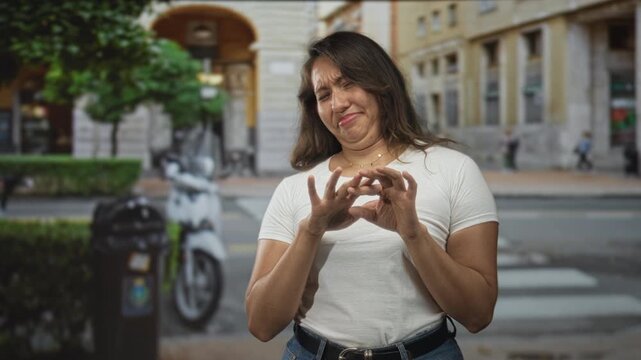 Woman in white t shirt touching fingertips and fidgeting with hands on city street crosswalk near buildings; disgust reaction.
