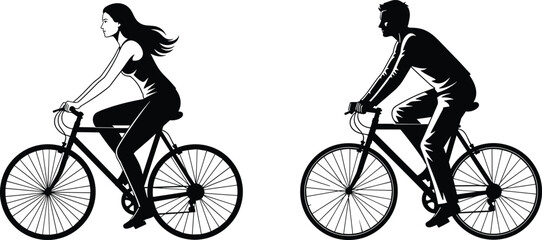 Obraz premium Man and woman cycling silhouette set, black bicycle riders illustration isolated on white background for sport design