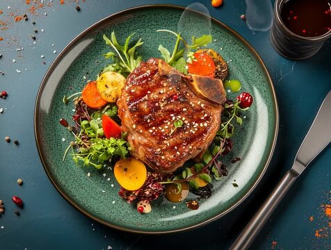 Grilled t-bone steak with vegetables and sesame seeds on elegant green plate