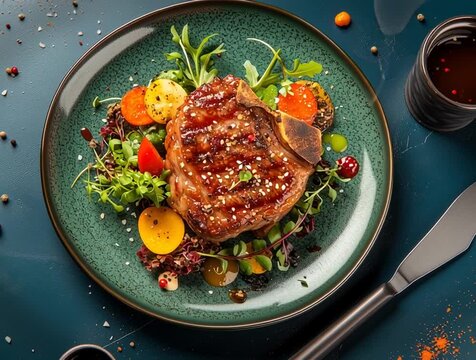Grilled t-bone steak with vegetables and sesame seeds on elegant green plate