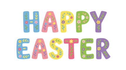 Happy Easter lettering with spring floral design. Decorative festive text on transparent background for holiday card.