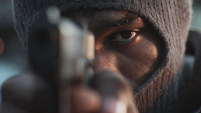 A young black man wearing a ski mask, holding a gun to the camera, tilting it to the side looking angry