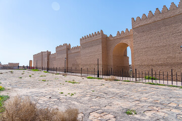 Restored ruins of ancient Babylon, Iraq. In front of the wall is procession street which leads to the Ishtar gate.