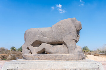 Statue of a lion overpowering a man, archaeological site of Babylon, Iraq, Middle East