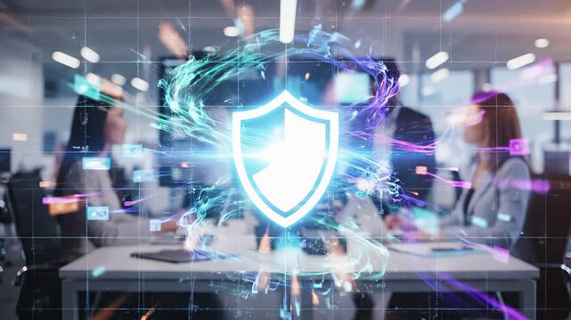 Digital shield with energy effects in modern office environment. Cybersecurity and data protection concept for business network security, it infrastructure defense, encryption technology, privacy