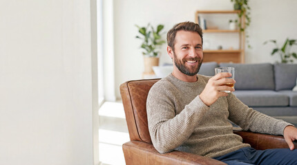 Stylish man sipping whiskey while sitting in leather chair indoors