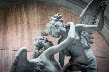 Couple of angels, symbol of ethernal love. Statue in Staglieno cemetery in Genoa, Italy.
