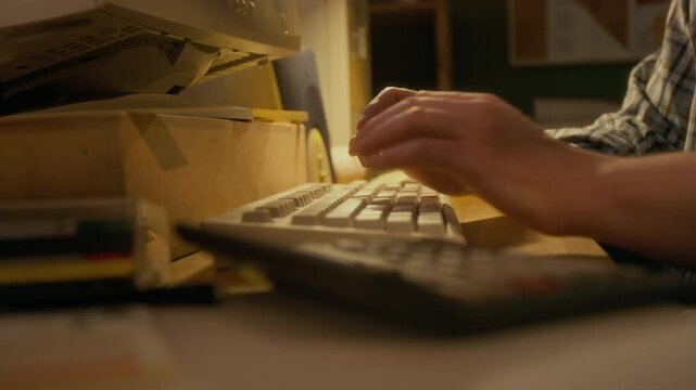 Close-up of hands of anonymous man counting numbers on calculator, then typing on keyboard, while working on financial or accounting report on vintage desktop computer