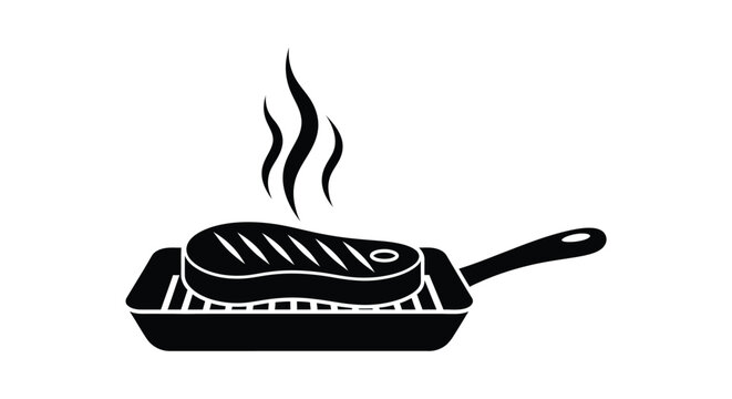 a simple black and white icon showing a steak sizzling in a frying pan