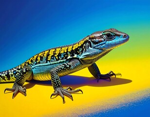 Obraz premium Vibrant lizard with iridescent scales, highlighted against a gradient backdrop, blending blue and yellow hues. Reptile posture
