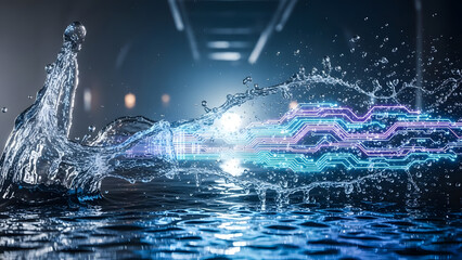 A dynamic image showing water transforming into a glowing digital circuit, symbolizing the fusion of nature and technology.