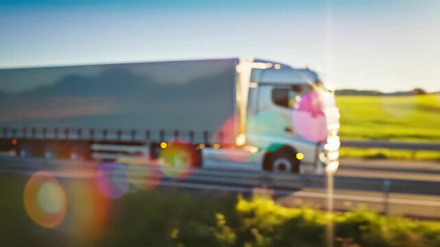 Commercial truck drives on highway through rural landscape with fields under sunny sky. Freight vehicle transports cargo along road for logistics and delivery service in transportation industry.