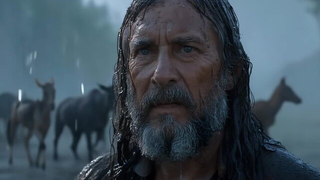 Eyes of Faith Before the Flood: image of Noah&rsquo;s intense eyes beneath a soaked hood, reflected silhouettes of animals visible behind him, massive ark blurred in background, emotional leadership moment