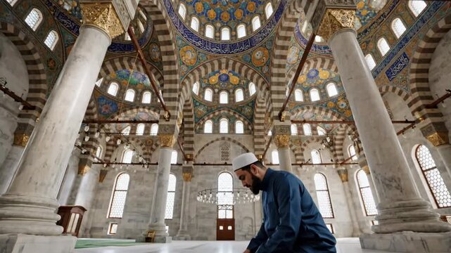 Serene prayer scene inside grand mosque architecture.