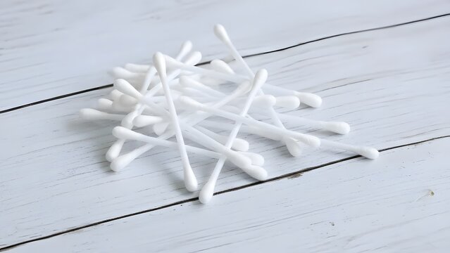 Essential White Cotton Swabs (Q-Tips) on Rustic Light Wood Background | Personal Hygiene, Makeup & Health Care Tools