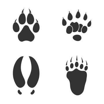 Footprints of  Animal, Traces of a Otter, Elk, Wolf, Bear on white background.  Silhouette animal tracks in gray. Paw Print for your  design. Vector illustration. EPS10.