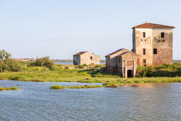 Obraz premium Italy, Comacchio lagoon with blue sky. Panorama with country.