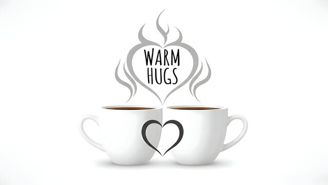 Two white coffee cups with heart design and warm hugs text on steam rising