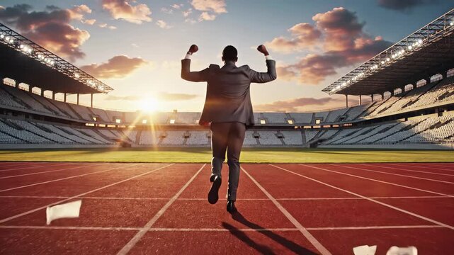 Businessman in suit crosses finish line at stadium track with arms raised in victory celebration. Success concept represents achievement of business goals, career triumph and winning mentality