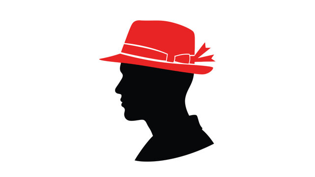 a silhouette of a man wearing a red fedora hat with a decorative ribbon