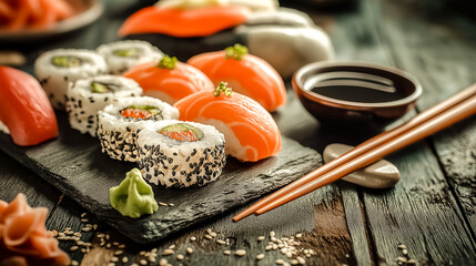 sushi with chopsticks table with variety of Asian dishes sushi rolls