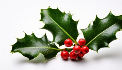 A Sprig Of Holly With Red Berries And Green Leaves On A White Background
