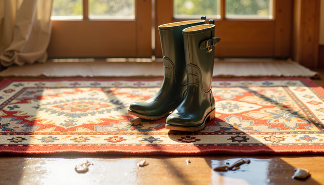 Wet glossy boots resting on rug in breezeway, inviting tranquility