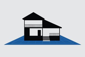 Modern House Silhouette on Blueprint Grid, architecture concept