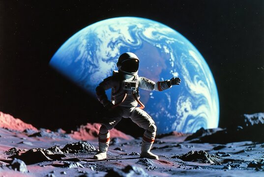 Astronaut in a white spacesuit stands on rocky alien terrain with Earth.