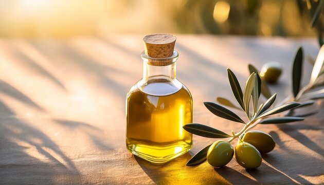 Natural Anointing Holy Oil In A Clear Glass Bottle With Olive Branch Under Soft Sunlight