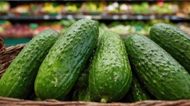 This vibrant close-up shot features a collection of fresh, green cucumbers gracefully nestled within a rustic woven basket. Each cucumber showcases its natural, bumpy texture, with visible water dropl