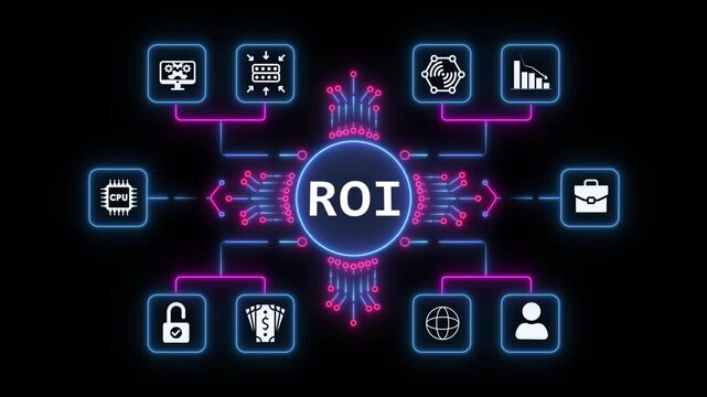 AI technology concept symbolizing modern computing, ROI network diagram with glowing neon lines connecting icons, and smart digital ecosystems. glowing neon circuit background animation.