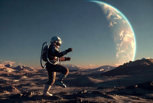 Astronaut explores rugged alien terrain with giant Earth-like planet