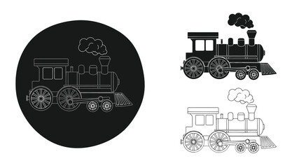 a black and white icon set depicting a vintage steam locomotive train © msunny93