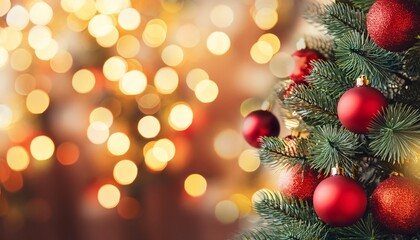 Christmas Tree With Red Toy Balls And Festive Illumination Golden Lights On Background New Year Tree With Toys