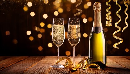 New Year S Eve Background With Champagne Bottle And Glasses Confetti And Gold Snakes New Year S Eve Background With Confetti And Gold Snakes On Wooden Table Lights