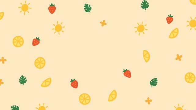 Summery pattern with fruit suns, leaves, and flowers vibrant design for summerthemed backgrounds, textile prints, stationery, and home decor.