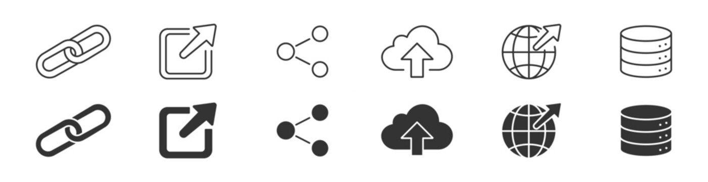 Link, External Link, Share, Cloud Upload, Global External Link, Database Icon Set. Web UI Symbols Collection. Connection, Redirect, Upload, Internet Access and Data Storage, Vector Illustration.
