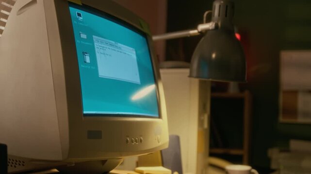 No people close-up of blinking 1990s desktop personal computer monitor with blinking screen, 16-bit operating system, task list in notepad app, illuminated with table lamp at home office