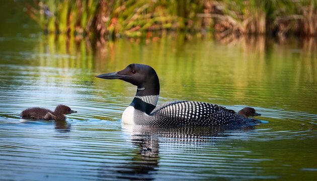 Loon On Lake Waterfowl Emerald Lake Black Bird And Chick