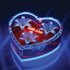 Futuristic Glowing Lily Heart Display with "With Love" Neon Script